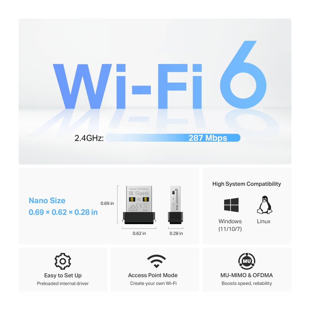 Adaptador USB TP-LINK ARCHER TX1U NANO WiFi6 AX300