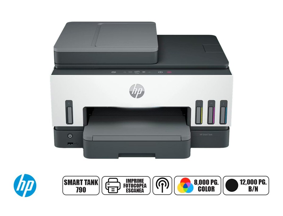 Impresora Multifuncional HP Smart Tank 790 Imprime/Scaner/Copia, Wi-Fi, Smart App, Dúplex, ADF Alimentador Automático, Fax.