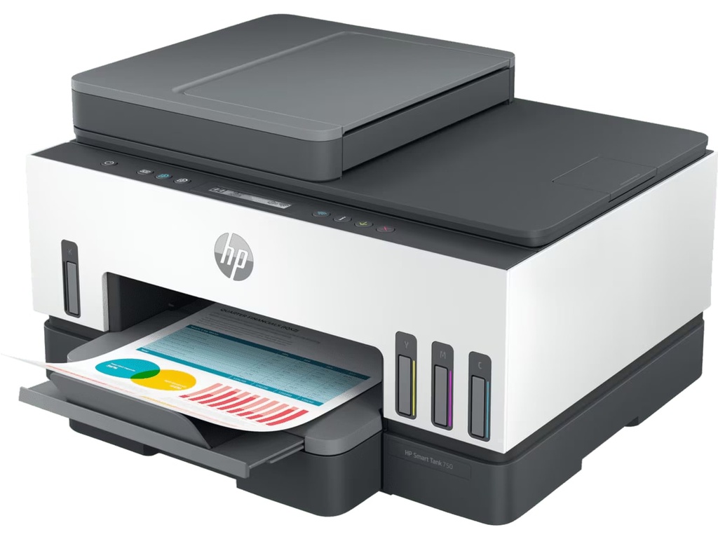 Impresora Multifunciona HP Smart Tank 750 Imprime/Scanea/Copia, Wi-Fi, Smart App, Dúplex, ADF Alimentador Automático, Fax. 