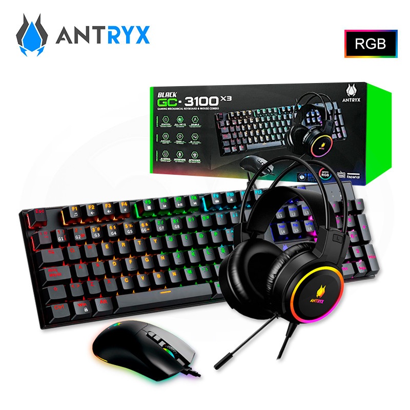 Combo Gamer Antryx GC-3100 x3, Teclado Mecanico + Mouse + Audifono, Switch Blue, Led-Rgb, AGC-3100X3KBL-SP.