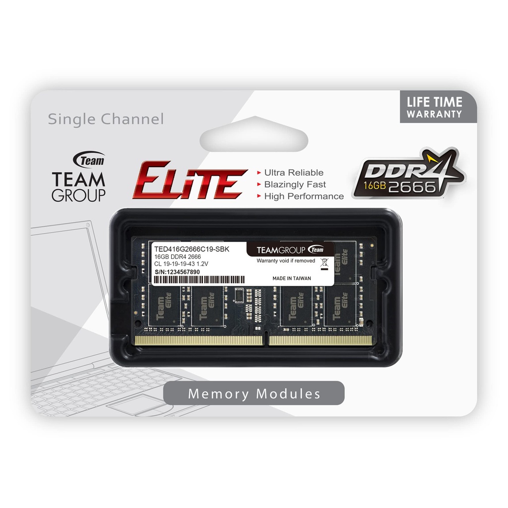 Memoria Ram SODIMM TeamGroup Elite, 16GB, DDR4, , 2666 MHz, 1.2V, CL 19-19-19-43.
