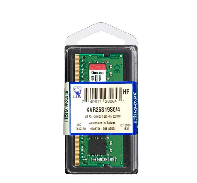 Memoria Ram SODIMM Kingston KVR26S19S6/4, 4GB, DDR4, 2666 MHz, CL19, 1.2V.