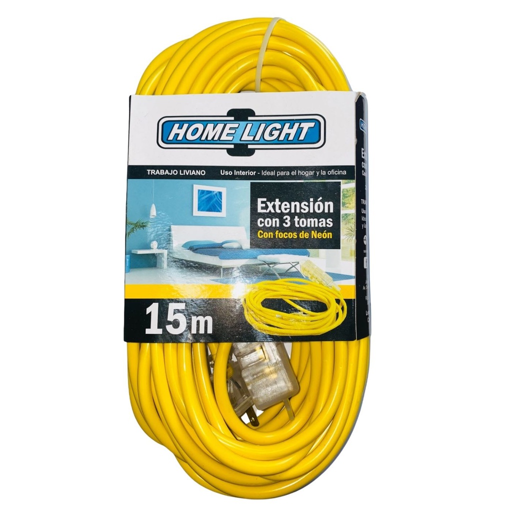 Extension de Corriente Electrica 15M, 3 Tomas, Amarillo Home Light.