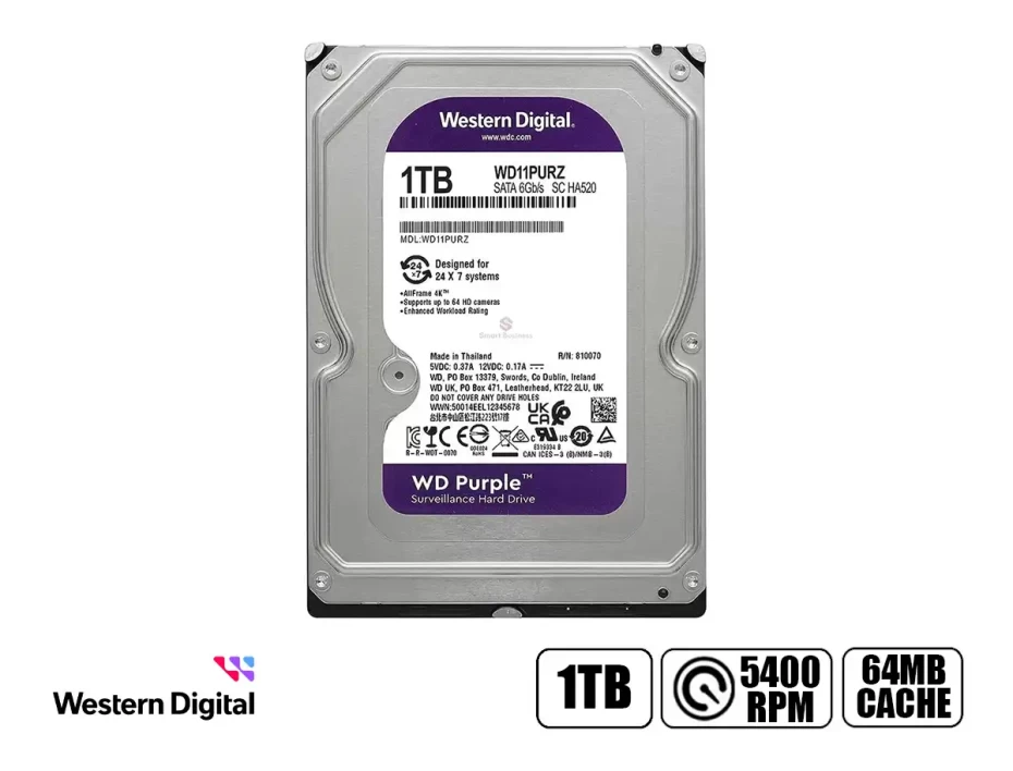 Disco duro Western Digital WD Purple, 1TB, SATA 6.0 Gb/s, 5400 RPM, 64MB Cache, 3.5".