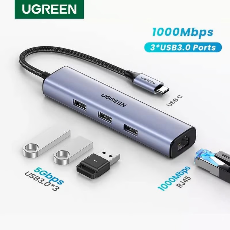 Adaptador Hub UGREEN Tipo-C, USB3.0x4, RJ45, CM475.