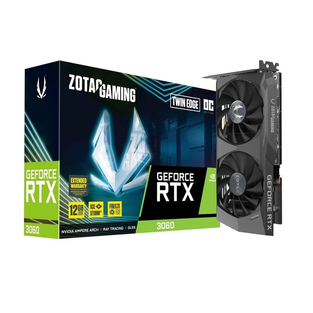 Tarjeta de Video, Zotac, Modelo GeForce RTX 3060 Twin Edge, 12GB GDDR6 192-bit, Resolución 7680x4320, 3x DisplayPort, 1x HDMI, Refrigeración Dual