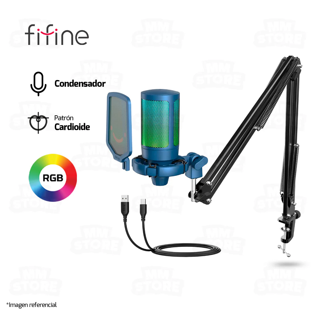 Microfono USB Fifine A6T RGB Azul + Soporte de brazo