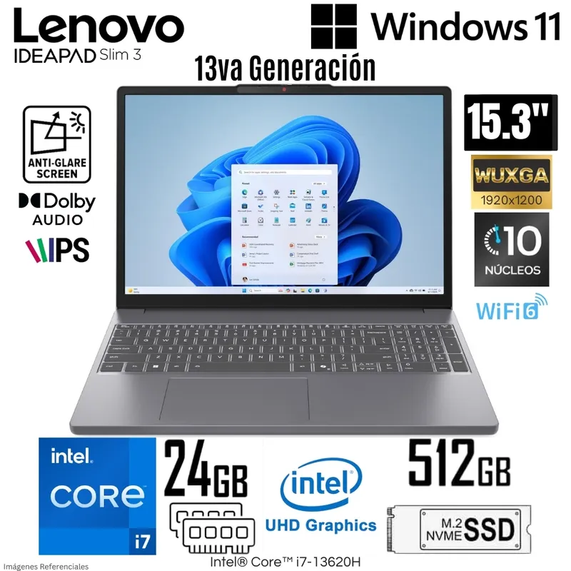 Laptop Lenovo IdeaPad Slim 3 15.3" WUXGA IPS, Intel Core i7-13620H, Ram 24GB DDR5, Disco SSD 512GB, FreeDos 