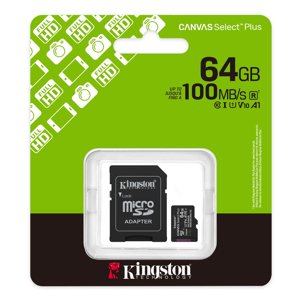 Memoria MicroSD Kingston Canvas Select Plus, 64GB, 100Mb/s, UHS-I/U1/V10.