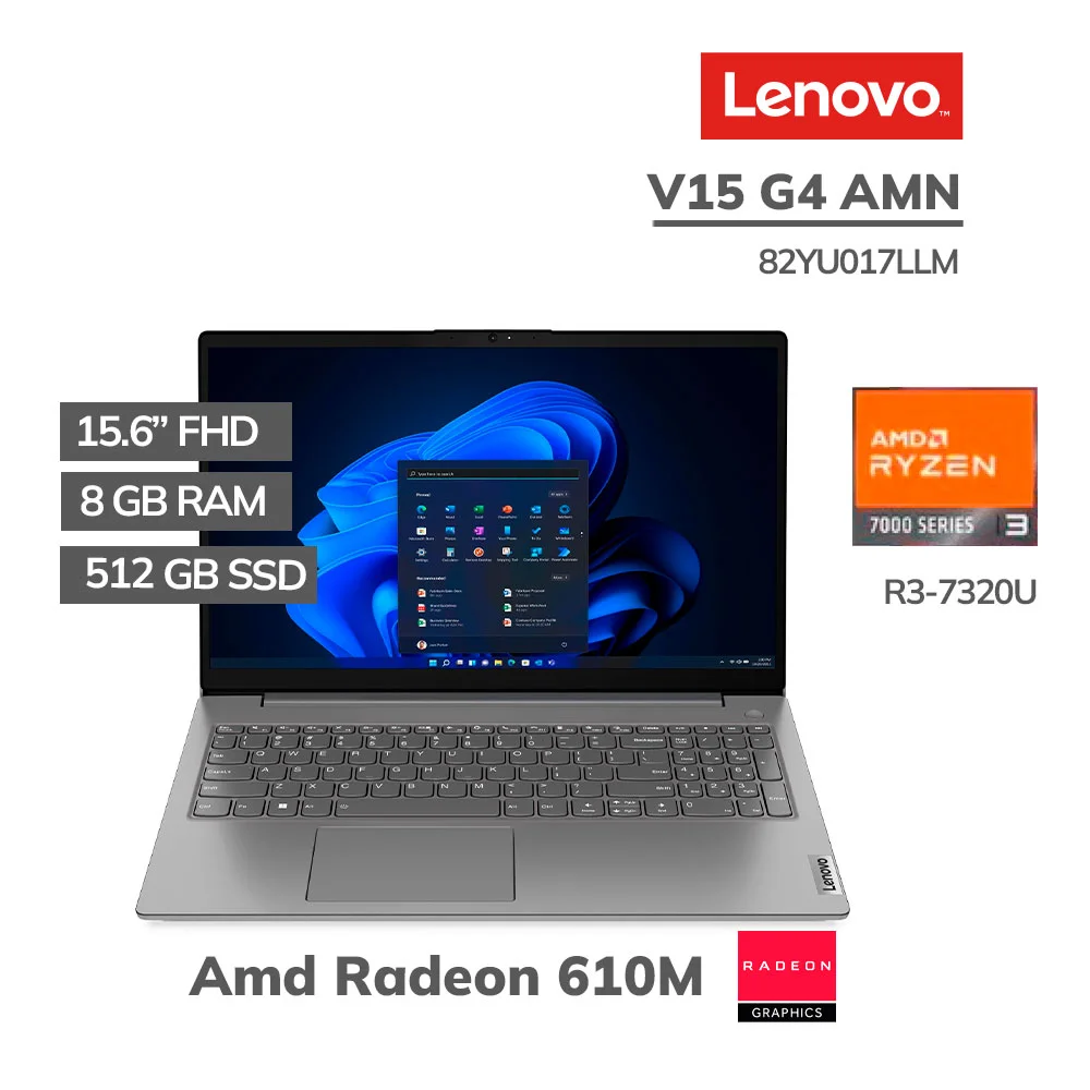 Laptop Lenovo V15 G4 AMN 15.6" FHD, AMD Ryzen 3 7320U Hasta 4.1Ghz, Ram 8GB LPDDR5, Disco SSD 512GB, FreeDos