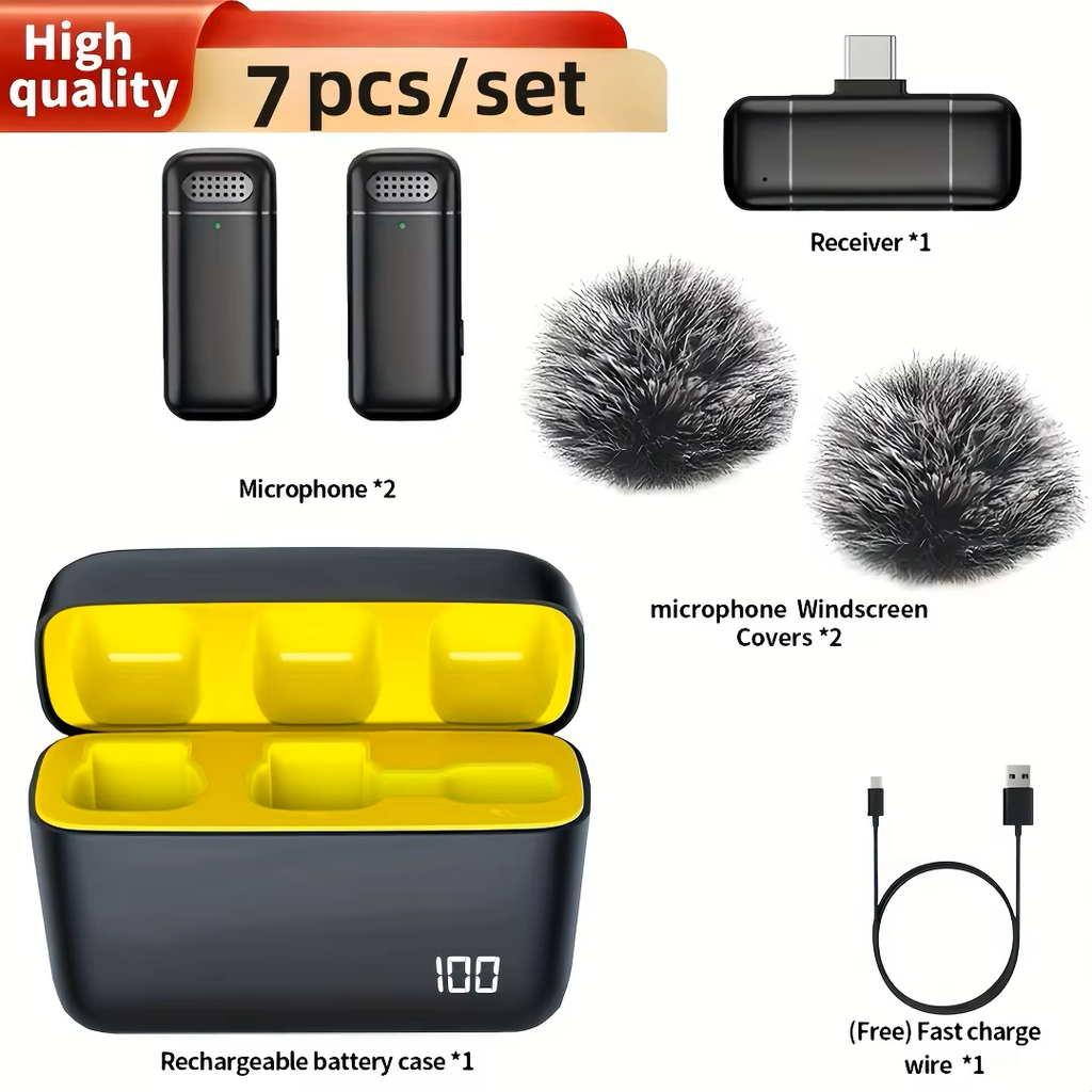 Micrófono Solapero inalámbrico para teléfono, con cancelación de ruido en vivo, Clip doble, grabación Lavalier, 2,4 Ghz, USB TIPO-C, 7 en 1, 
