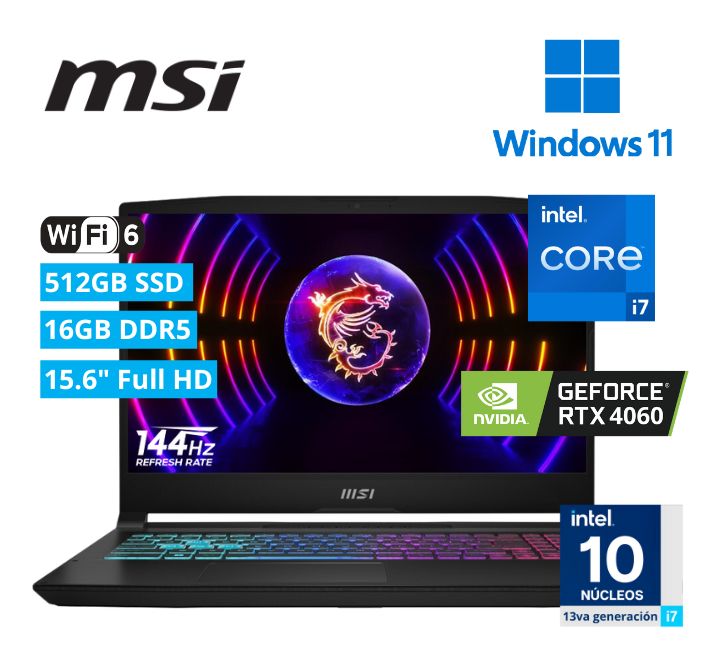 Laptop Msi Katana 15.6" FHD B13VFK Intel Core i7-13620H, Ram 16GB DDR5, Disco Solido 512GB, Video RTX 4060 8GB, Win11, Teclado español