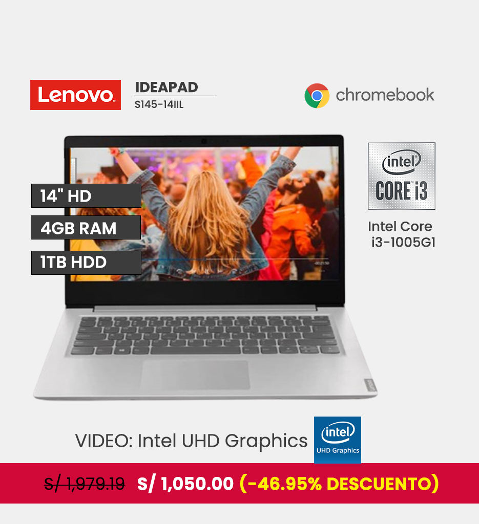 Laptop Lenovo Ideapad S145-14IIL 14" HD, Intel Core i3-1005G1 1.2Gh, Ram 4GB, 1TB HDD, FreeDos.