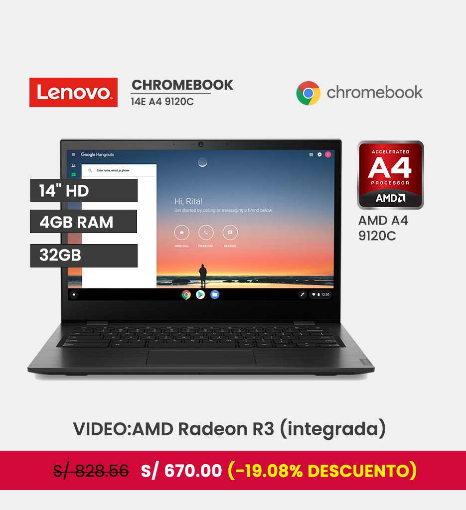 Laptop Lenovo 14" Chromebook 14E  A4 9120C 2.4Ghz, Ram 4GB, EMMC 32GB, Chrome OS.