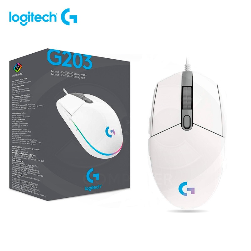 Mouse Gamer Logitech G203, RGB, 8000DPI, Blanco.