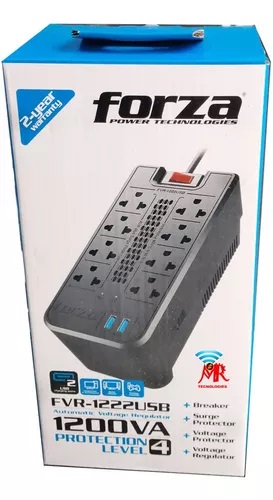 Estabilizador Forza FVR-1222USB, 1200VA, 600W, 2USB, 8 Tomas.