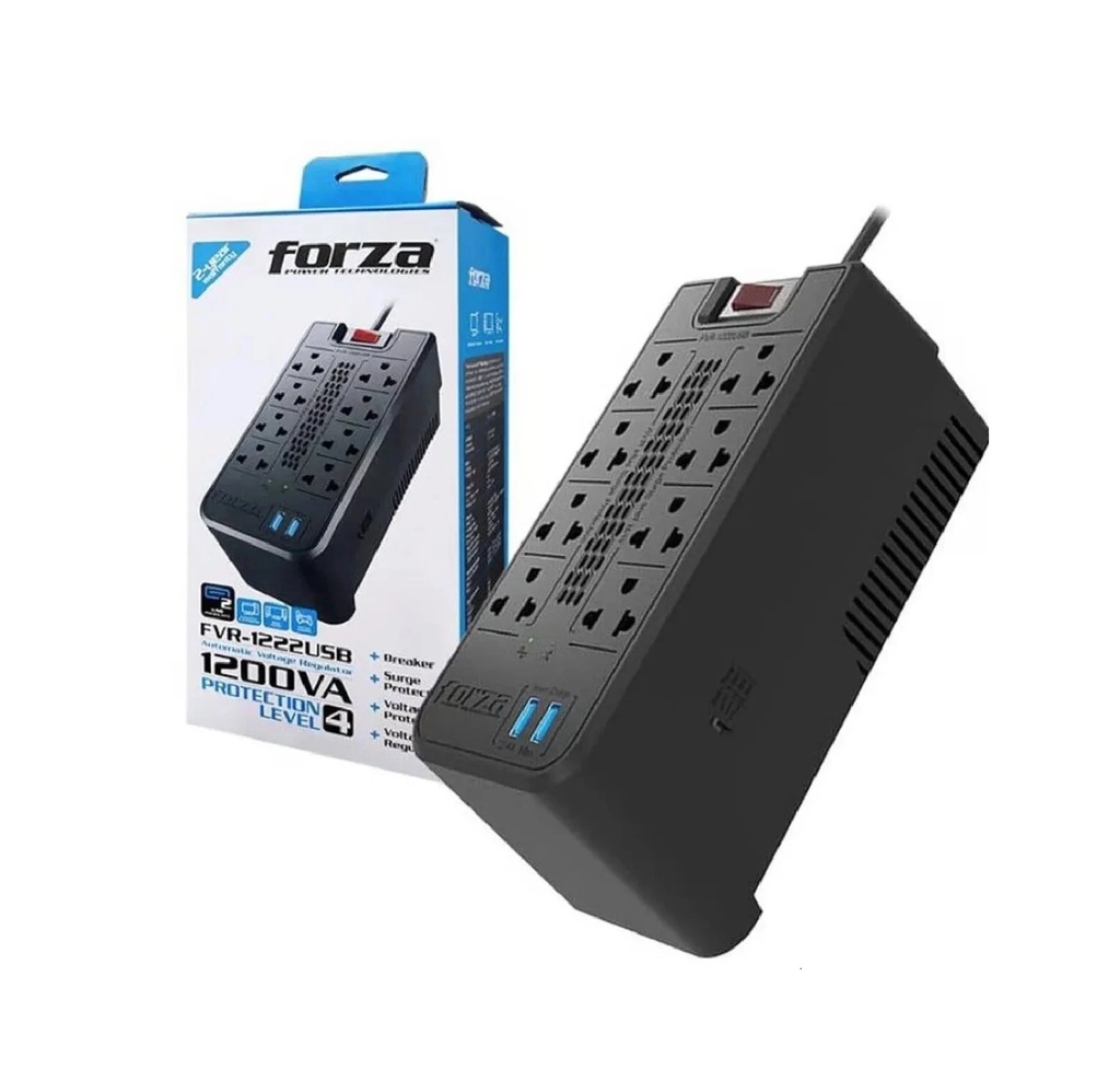 Estabilizador Forza FVR-1222USB, 1200VA, 600W, 2USB, 8 Tomas.