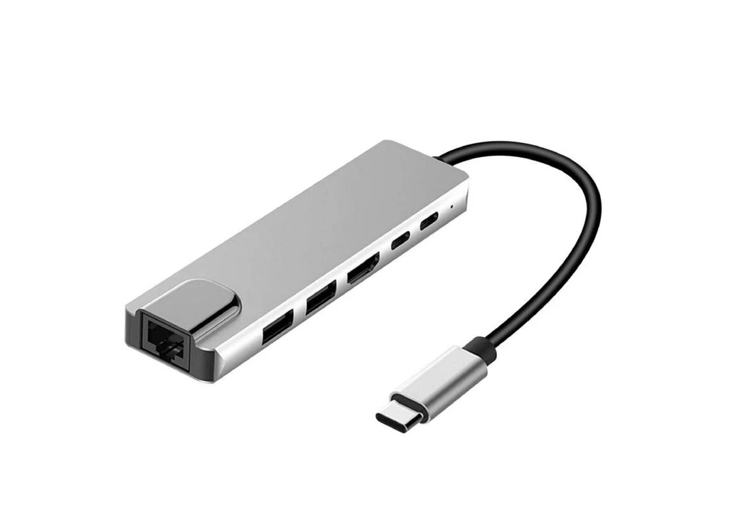 Adaptador  Tipo-C 6 en 1, Rj45x1, HDMIx1, Usb Tipo Ax2, Usb Tipo-Cx2.