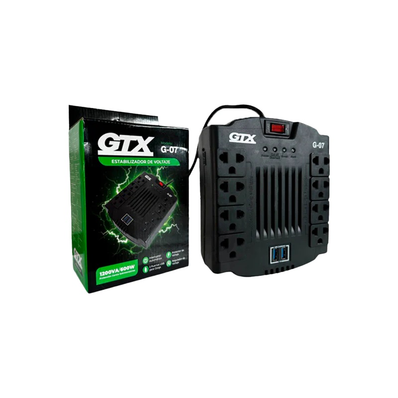 Estabilizador GTX G-07,  AVR 8 Salidas + 2 USB, 1200VA/600W.