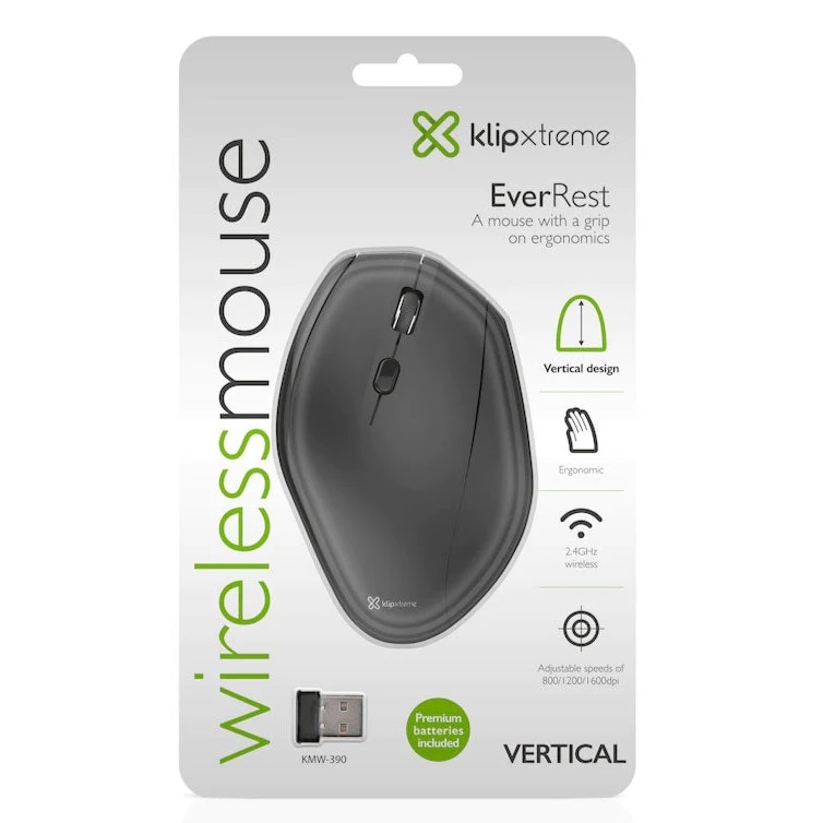 Mouse Ergonomico Vertical Klip Xtreme EverRest KMW-390, Diestro, 6 botones, Inalambrico - 2.4GHz