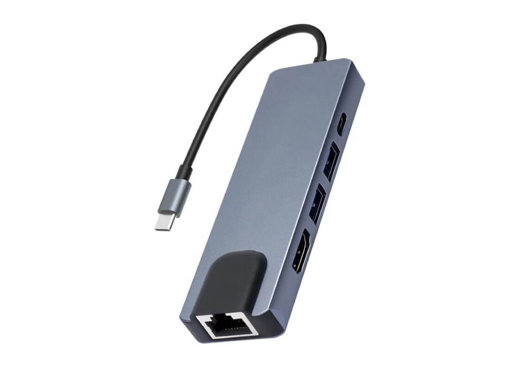 Adaptador  Tipo-C 5 en 1, Rj45x1, HDMIx1, Usb Tipo Ax2, Usb Tipo-Cx1.