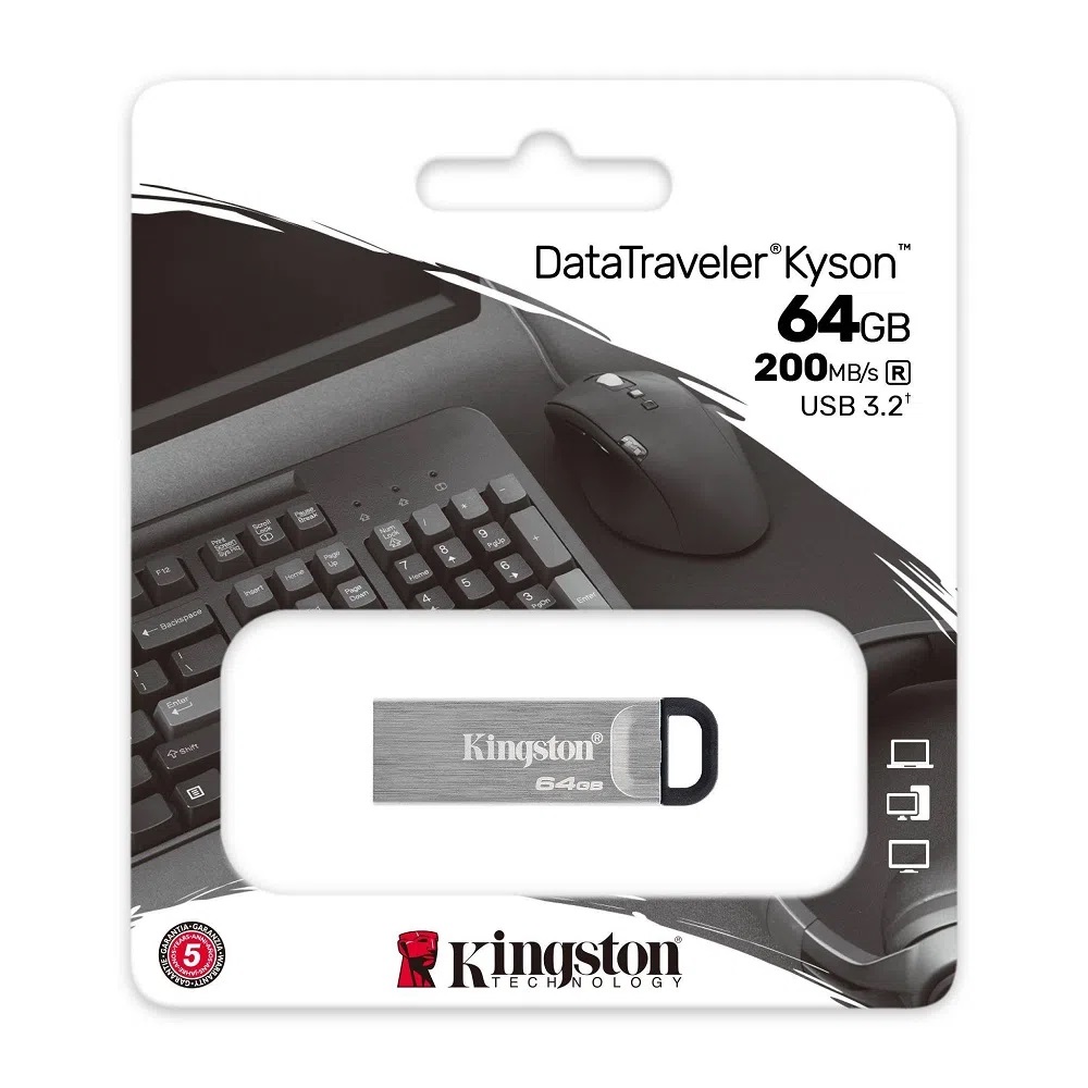 Memoria USB Kingston DataTraveler Kyson, 64GB, USB 3.2, Plata.