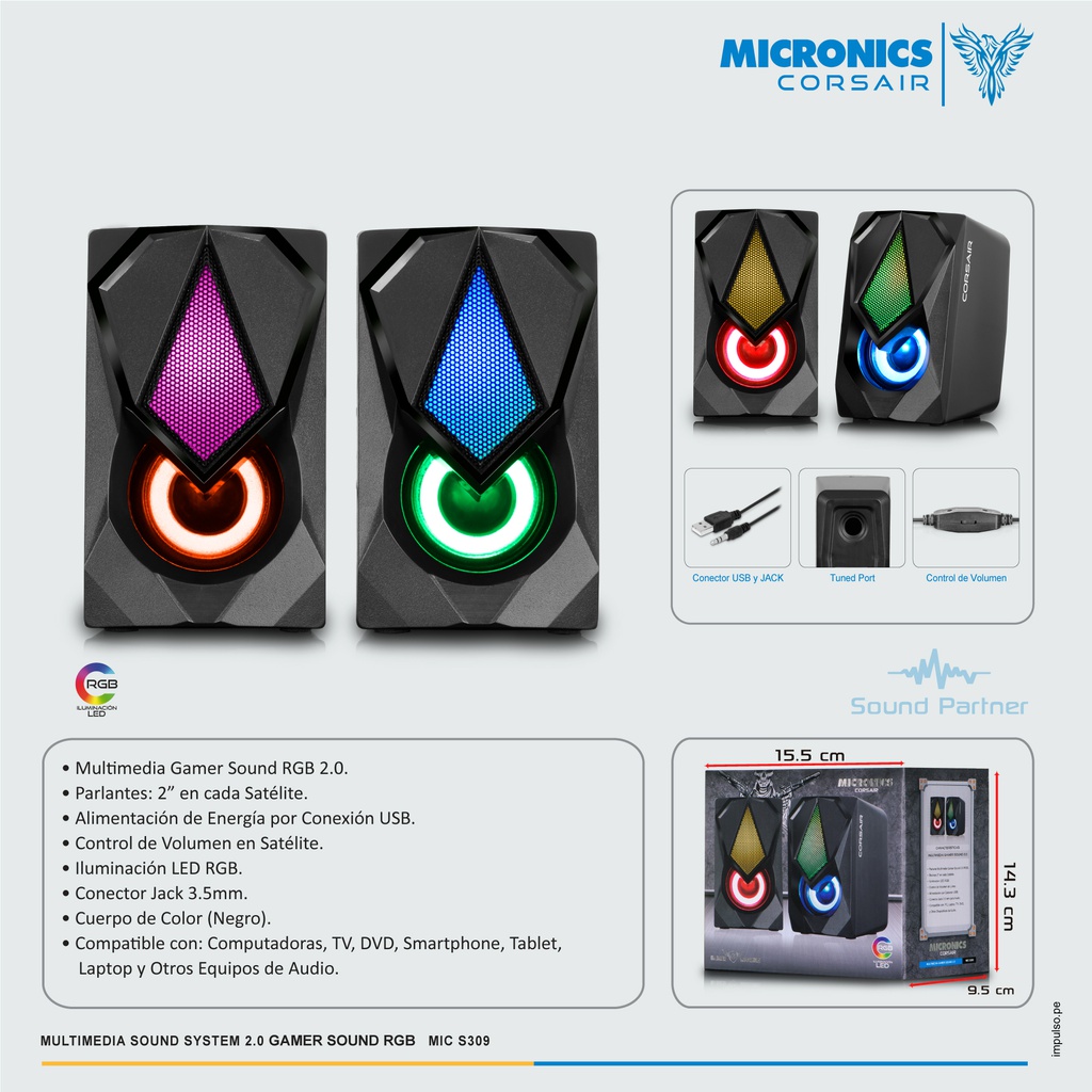 Parlante Micronics Corsair MIC S309-9 2.0 RGB 2.5"