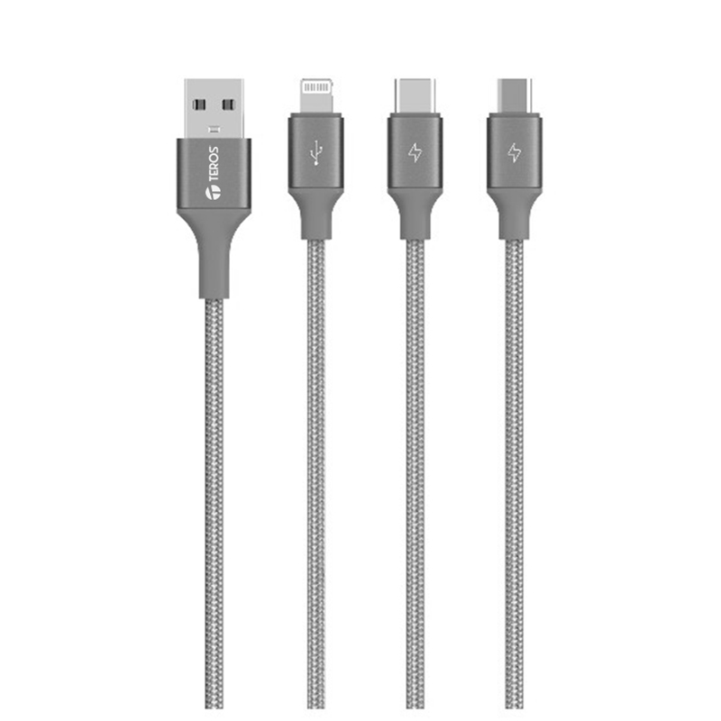 Cable USB Teros TE-70210W, TIPO A - TIPO C/LIGHTNING/MICRO USB, 3.5A, 17.5W Max, Gris