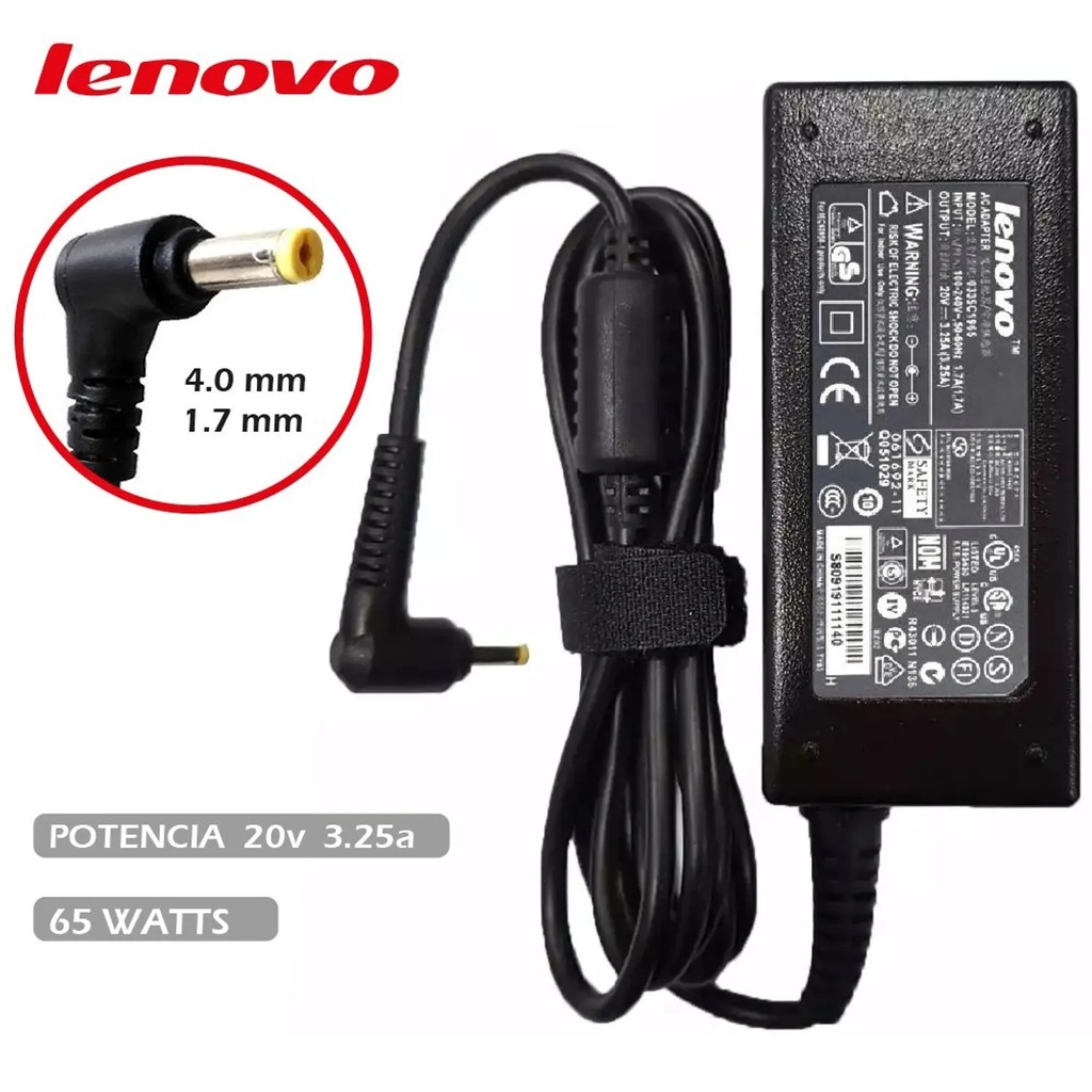 Cargador Compatible Lenovo 20V 3.25A 65W 4.0*1.7 P. Delgada.