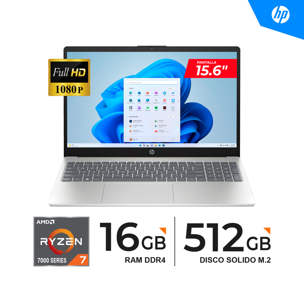 Laptop HP 15-fc0012la 15.6" FHD, AMD Ryzen 7-7730U hasta 4.5GHz, Ram 16GB DDR4, Disco SSD 512GB, FreeDos.