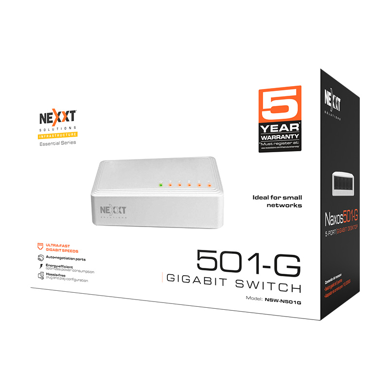 Switch 5 Puertos Gigabit, Nexxt, Modelo Naxos501-G, Velocidad hasta 1000 Mbps, Plug & Play, Diseño Compacto, Alimentación por Cable Ethernet
