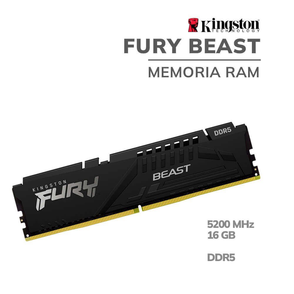 Memoria Ram Kingston Fury Beast 16GB, DDR5-5200MHz, PC5-41600, CL40, 1.25V, 288-Pines, XMP 3.0