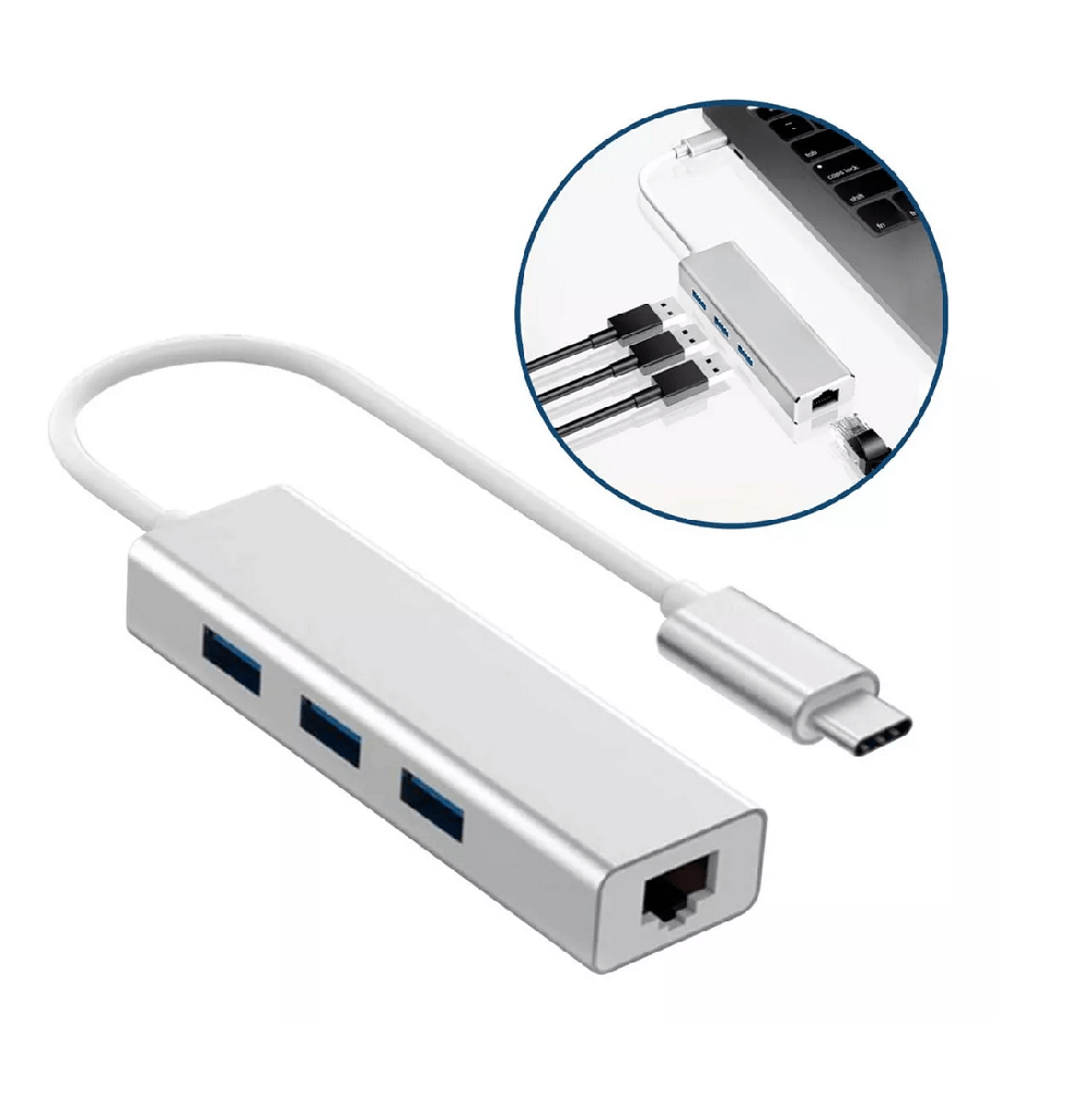 Adaptador USB-C a RJ45 + HUB USB 2.0 Plastico
