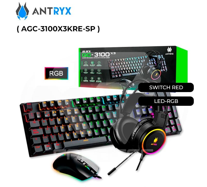 Combo Gamer Antryx GC-3100 x3, Teclado Mecanico + Mouse + Audifono, Switch Red, Led-Rgb, AGC-3100X3KRE-SP.