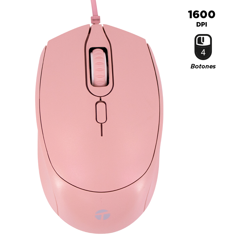 Mouse optico TEROS TE-1226S, 800-1200-1600 DPI, USB, 4 botones, color rosado