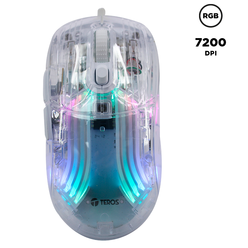 Mouse gamer TEROS TE-1216G, 2 botones, RGB, transparente