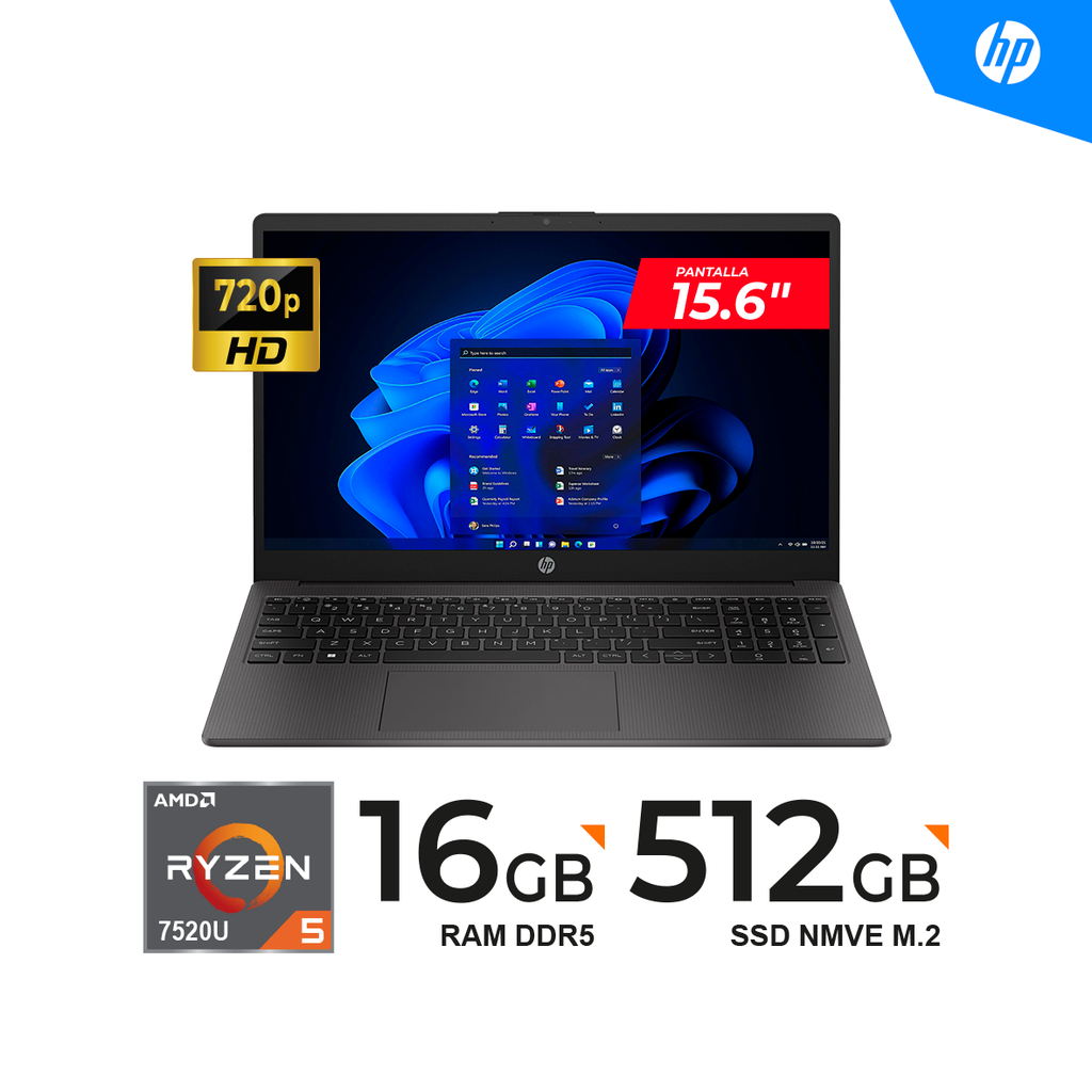 Laptop HP 255 G10, 15.6" LCD LED HD SVA, AMD Ryzen 5 7520U 2.8/4.3GHz, Ram 16GB LPDDR5, Disco SSD 512GB, FreeDOS.
