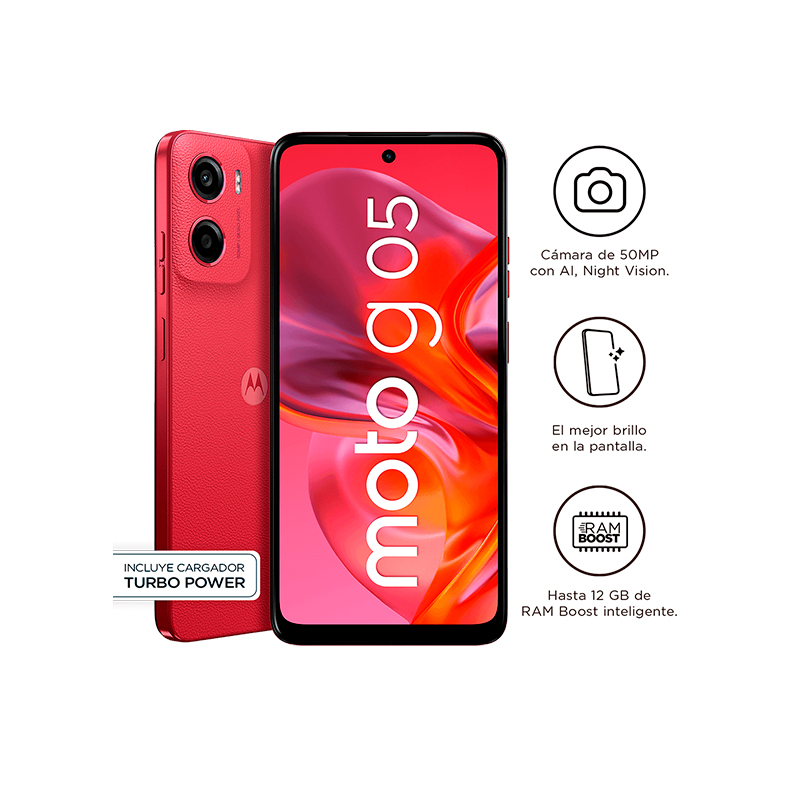 Smartphone Motorola moto g05, Pantalla: 6.7"/LCD/HD+/90Hz, SO: Android 15, Color Rojo Memoria: 4GB (RAM) LPDDR4X, Almacenamiento: 64GB (ROM).