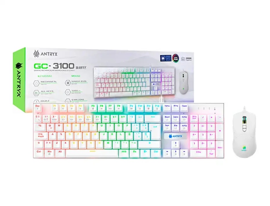 Kit Gaming, Teclado Mecanico + Mouse Antryx GC-3100 White, Blue Swtich.