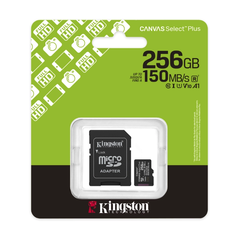 Memoria Micro Sd Kingston 256Gb Canvas Select Plus Con Card Adaptador, Clase 10, Uhs-I, U1, V10, A1, 150Mb/S