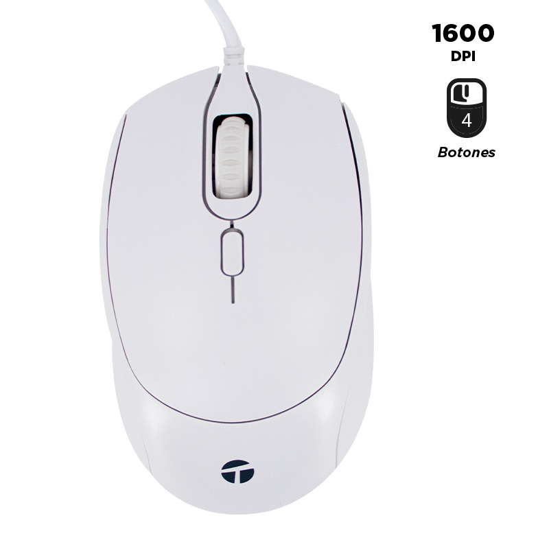 Mouse Teros TE-1225S, 1600 DPI, USB, 4 botones, blanco.