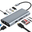 ADAPTADOR TIPO-C HDTV 11 EN 1, USB TIPO-Cx1, AUDIO, CARD READER, 4K HDMIx1, USB TIPO-Ax4, RJ45x1, VGAx1.